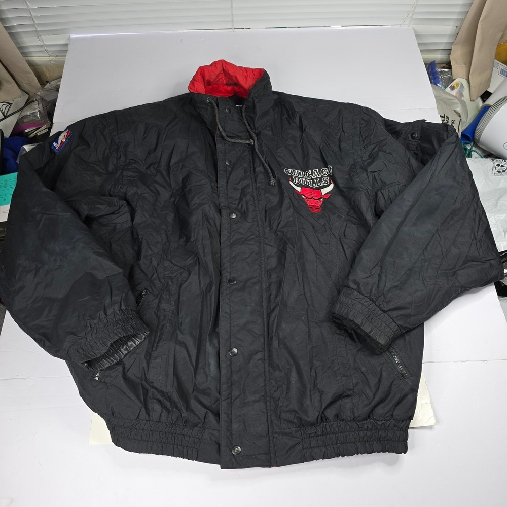 Vintage 90s Chicago Bulls NBA Bomber Jacket Black Red Snap Front Mens Basketball